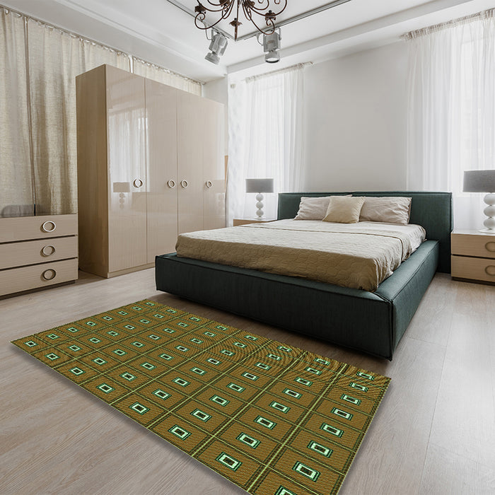 Patterned Dark Yellow Green Rug in a Bedroom, pat2701grn