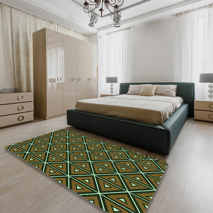 Patterned Olive Green Rug in a Bedroom, pat2702grn