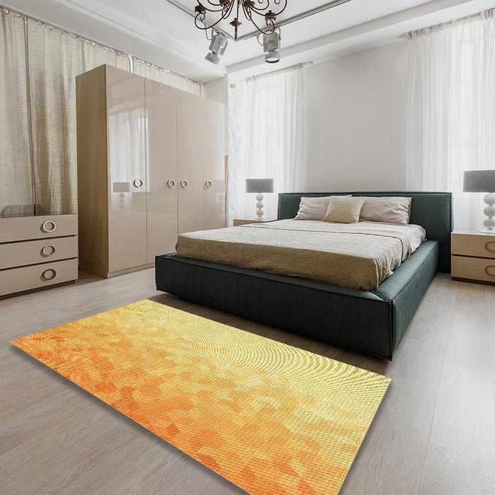 Patterned Chrome Gold Yellow Rug in a Bedroom, pat2703yw