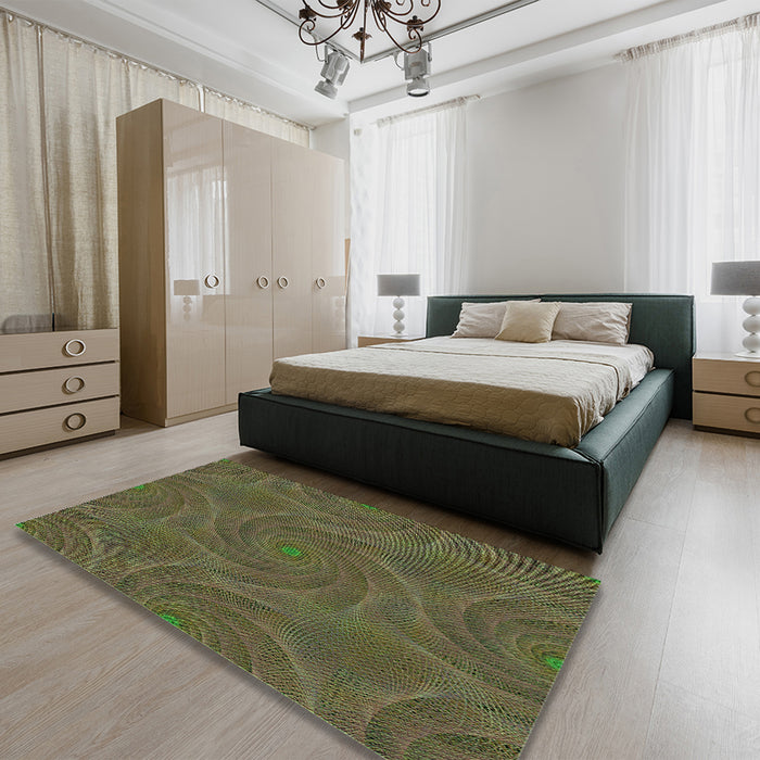 Patterned Olive Green Rug in a Bedroom, pat2704grn