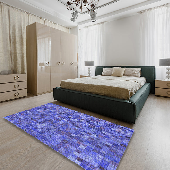 Patterned Blue Rug in a Bedroom, pat2705blu