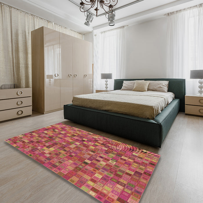 Patterned Crimson Red Rug in a Bedroom, pat2705brn