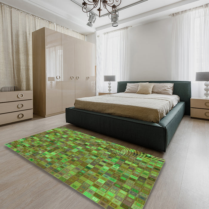 Patterned Antique Bronze Green Rug in a Bedroom, pat2705grn