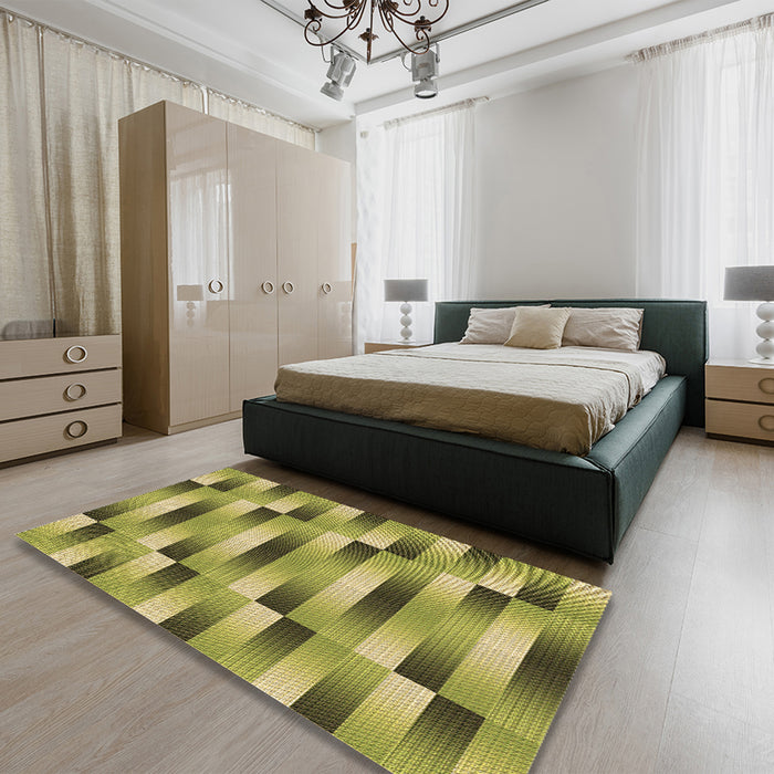Patterned Olive Green Rug in a Bedroom, pat2710brn
