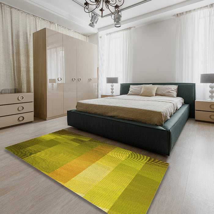 Patterned Dark Yellow Green Rug in a Bedroom, pat2711yw