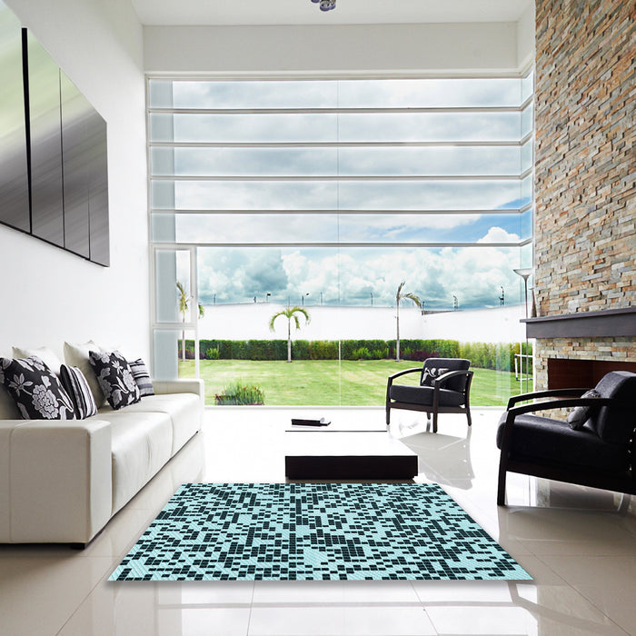 Machine Washable Transitional Medium Teal Green Rug in a Kitchen, wshpat2714lblu