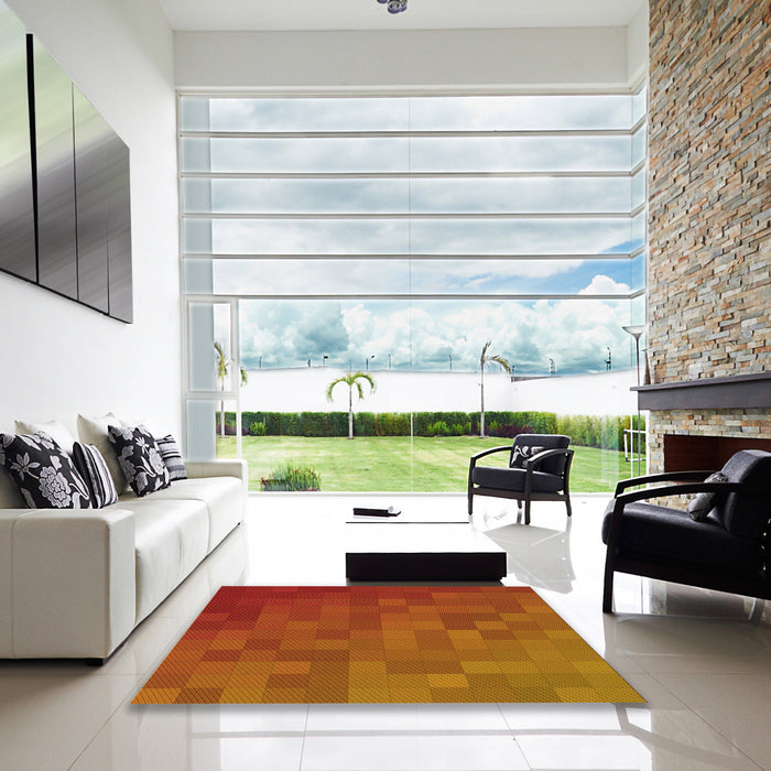 Square Patterned Neon Orange Rug in a Living Room, pat2716yw