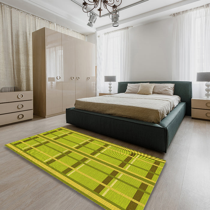 Patterned Dark Yellow Green Rug in a Bedroom, pat2718yw