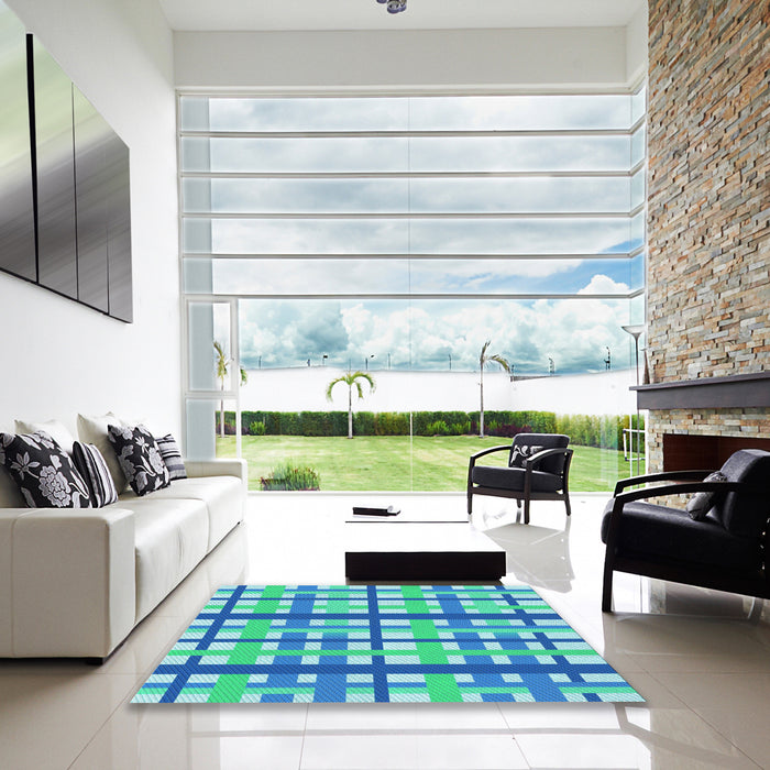 Square Patterned Neon Blue Rug in a Living Room, pat2720lblu