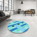 Round Patterned Dark Turquoise Green Rug in a Office, pat2724lblu