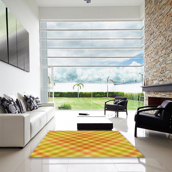Square Patterned Neon Orange Rug in a Living Room, pat2725yw