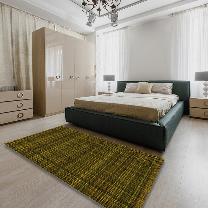Patterned Dark Yellow Green Rug in a Bedroom, pat2726yw