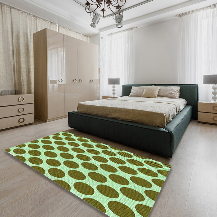 Patterned Dark Bronze Brown Rug in a Bedroom, pat2751grn