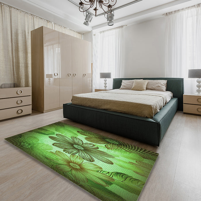 Patterned Green Rug in a Bedroom, pat2755grn