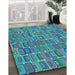 Patterned Dark Turquoise Green Rug in Family Room, pat2756lblu