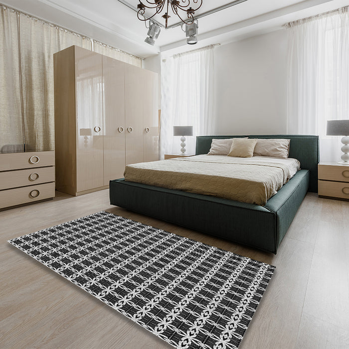 Patterned Charcoal Black Rug in a Bedroom, pat2758gry
