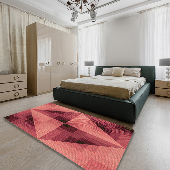 Patterned Crimson Red Rug in a Bedroom, pat2763org