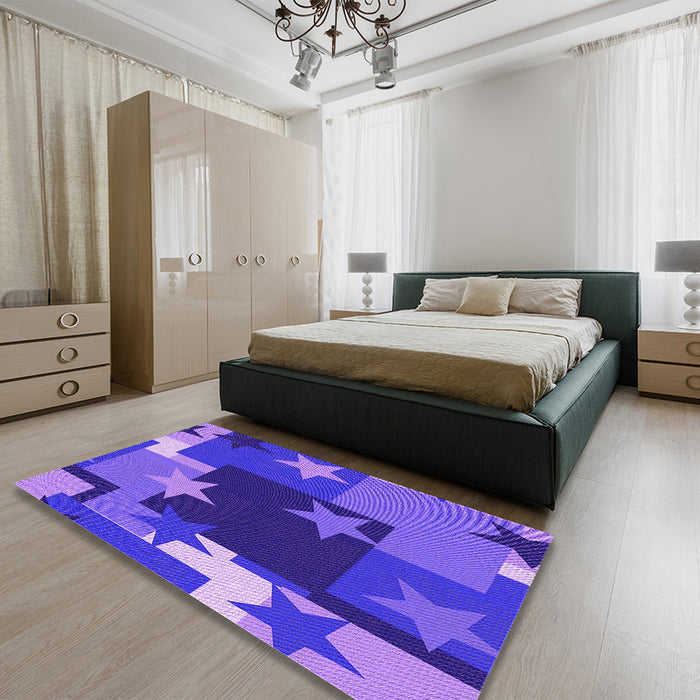 Patterned Purple Daffodil Purple Rug in a Bedroom, pat2765pur