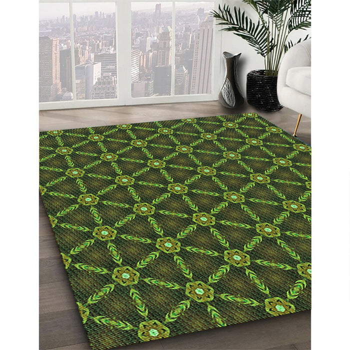 Patterned Dark Lime Green Rug in Family Room, pat2766grn