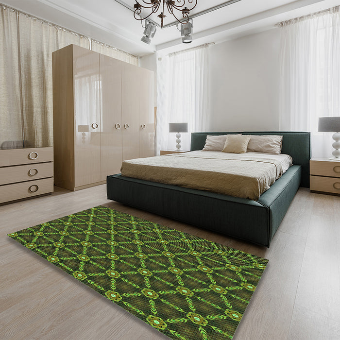 Patterned Dark Lime Green Rug in a Bedroom, pat2766grn