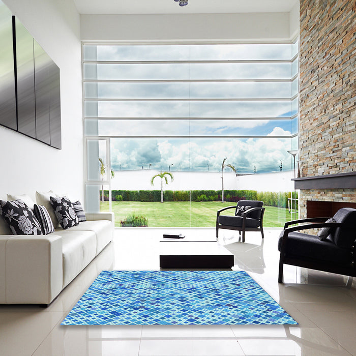Square Patterned Neon Blue Rug in a Living Room, pat2771lblu