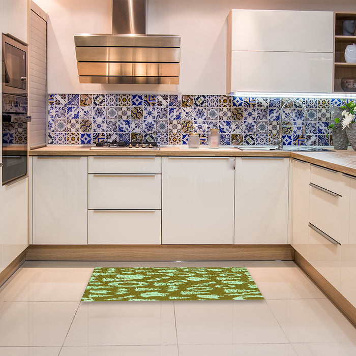 Patterned Dark Yellow Green Rug in a Kitchen, pat278grn