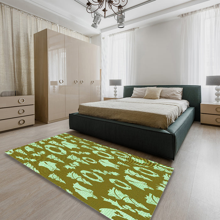 Patterned Dark Yellow Green Rug in a Bedroom, pat278grn