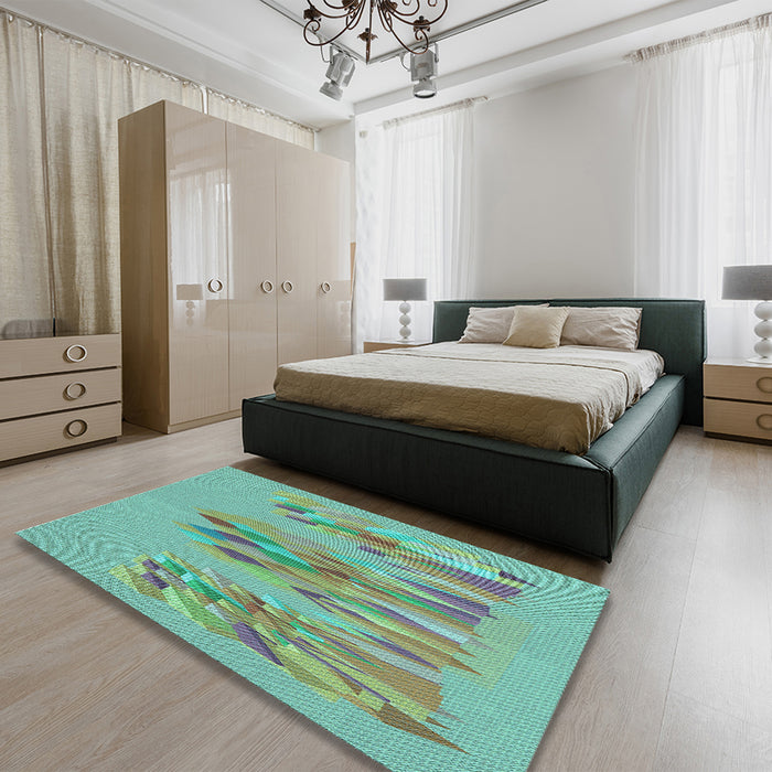 Patterned Turquoise Green Rug in a Bedroom, pat2780lblu