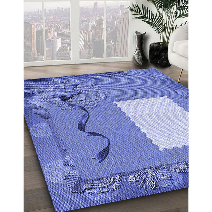 Patterned Denim Blue Rug in Family Room, pat2783blu