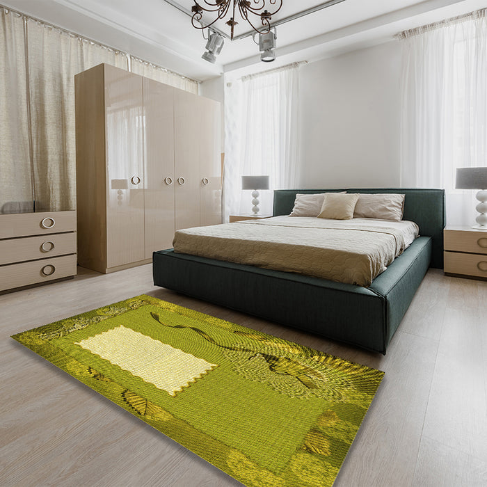 Patterned Dark Yellow Green Rug in a Bedroom, pat2783yw