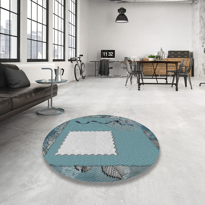 Round Machine Washable Transitional Blue Rug in a Office, wshpat2783