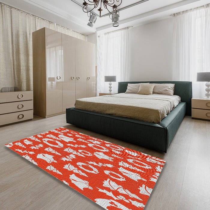 Patterned Red Novelty Rug in a Bedroom, pat278