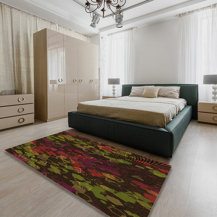 Patterned Dark Bronze Brown Rug in a Bedroom, pat2793org