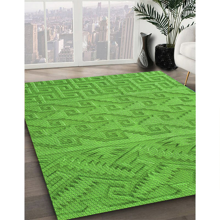 Patterned Dark Lime Green Rug in Family Room, pat2797grn