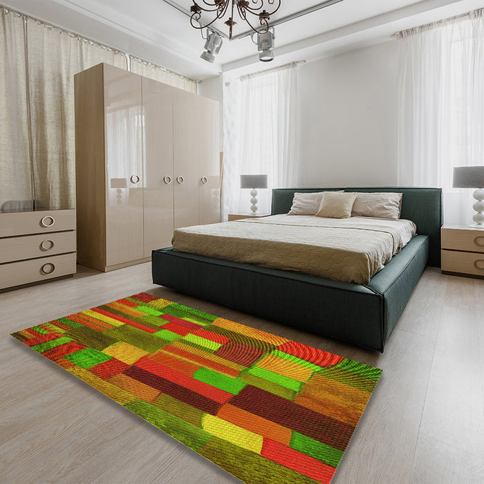 Patterned Dark Yellow Green Rug in a Bedroom, pat28yw