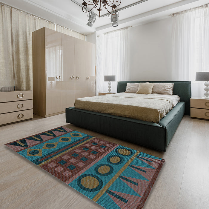 Patterned Green Rug in a Bedroom, pat2800lblu