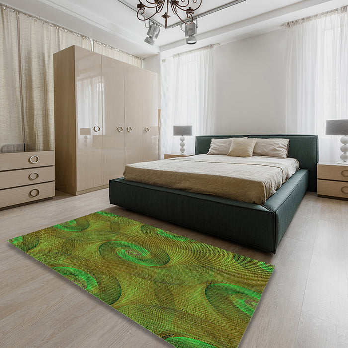 Patterned Antique Bronze Green Rug in a Bedroom, pat2807grn