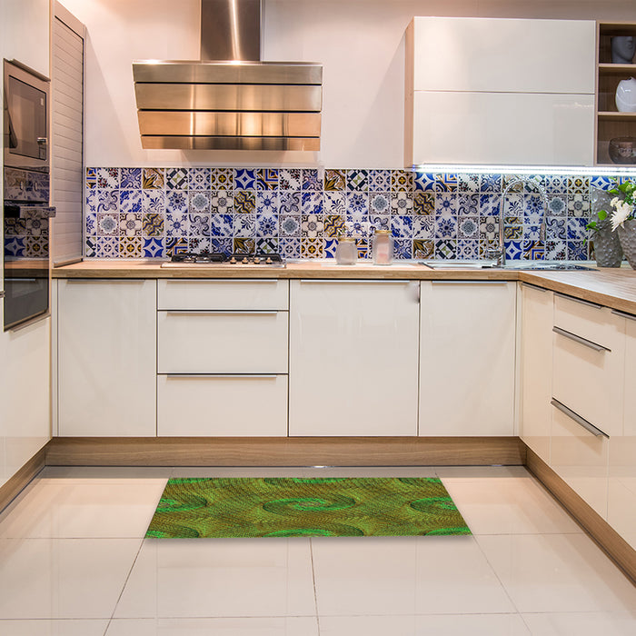 Patterned Antique Bronze Green Rug in a Kitchen, pat2807grn