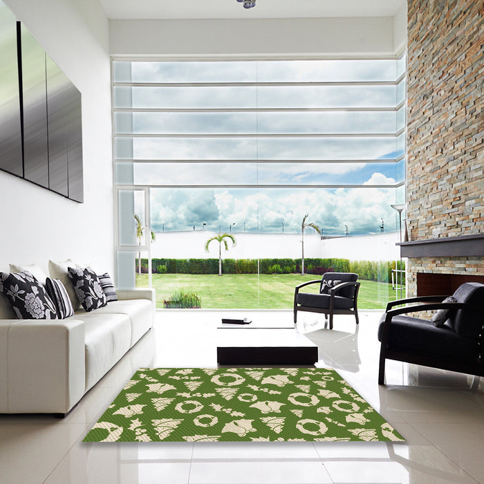 Square Patterned Ginger Brown Green Rug in a Living Room, pat281brn