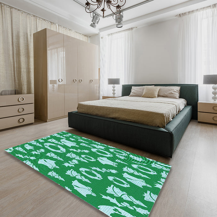 Patterned Turquoise Green Rug in a Bedroom, pat281lblu