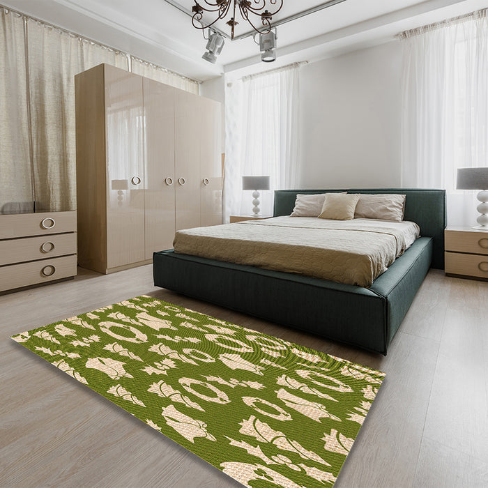 Patterned Ginger Brown Green Rug in a Bedroom, pat281org