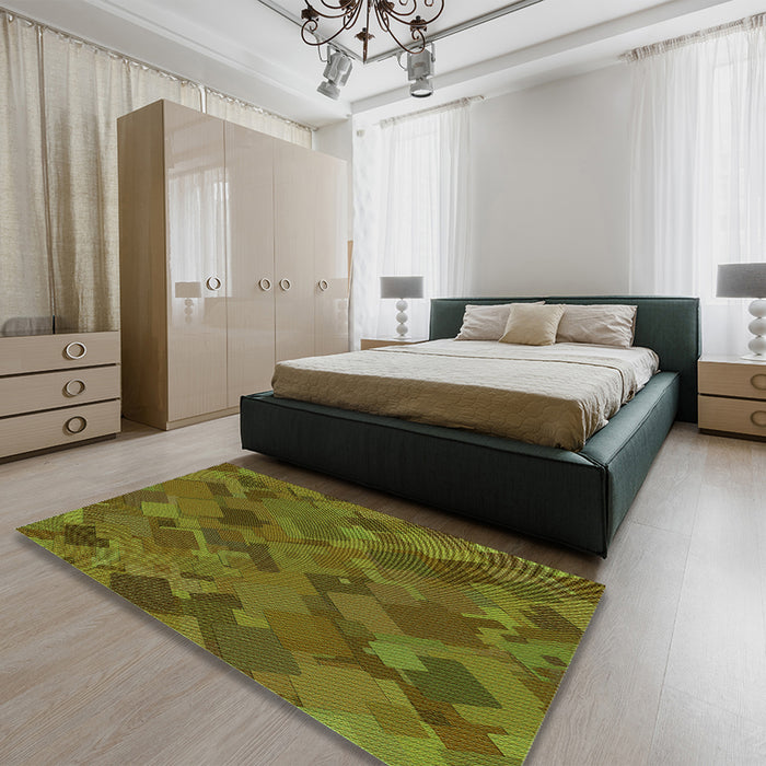 Patterned Dark Bronze Brown Rug in a Bedroom, pat2815grn