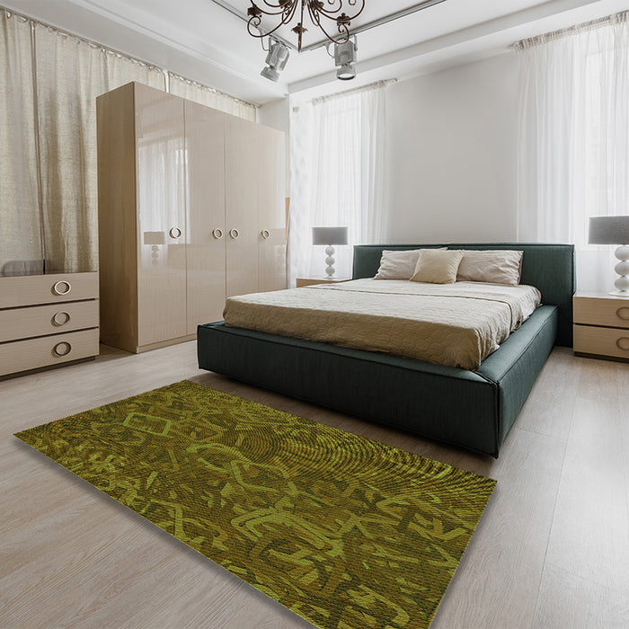Patterned Dark Yellow Green Rug in a Bedroom, pat2817grn