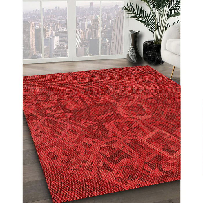 Patterned Red Rug in Family Room, pat2817org