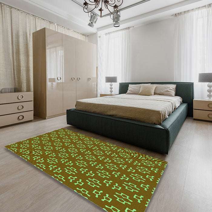 Patterned Dark Bronze Brown Rug in a Bedroom, pat2820grn
