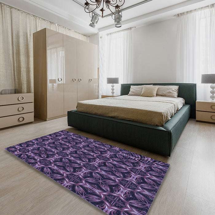Patterned Purple Sage Bush Purple Rug in a Bedroom, pat2821blu