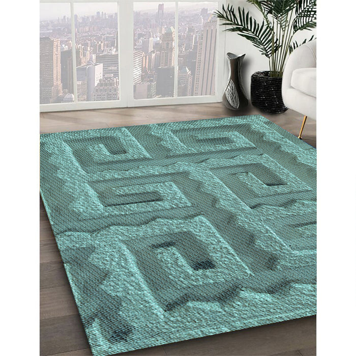 Patterned Dull-Sea Green Rug in Family Room, pat2824lblu