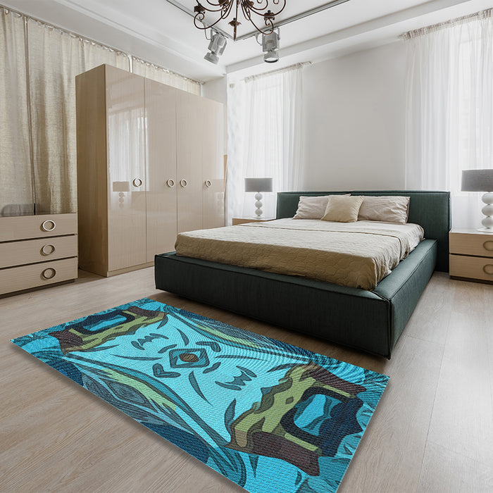 Patterned Bright Turquoise Blue Rug in a Bedroom, pat2829lblu