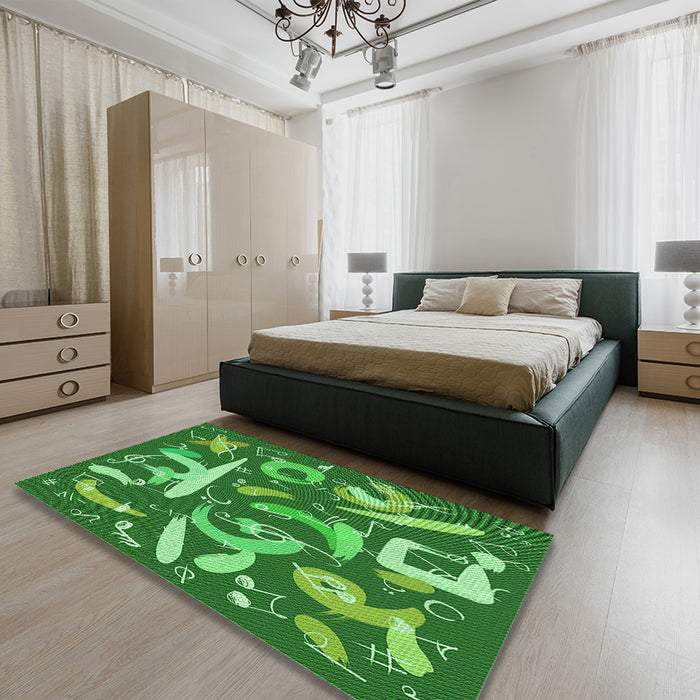 Patterned Green Rug in a Bedroom, pat2830grn