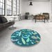 Round Patterned Medium Turquoise Green Rug in a Office, pat2830lblu